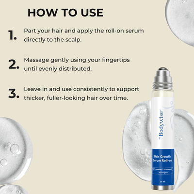 Step-by-step guide showing how to apply Olivine Beauty Hair Growth Serum Roll-On directly to the scalp and massage evenly.