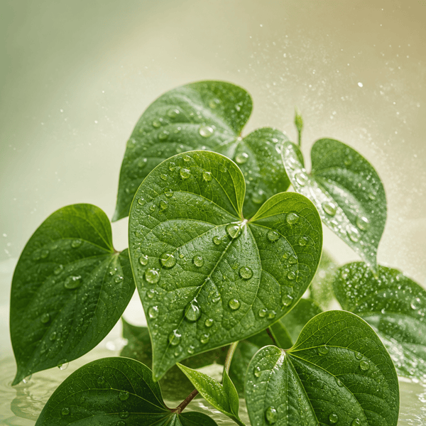 Fresh heartleaf extract with water droplets representing scalp soothing and hydration support