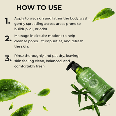 Step by step guide showing how to properly use tea tree body wash for best results