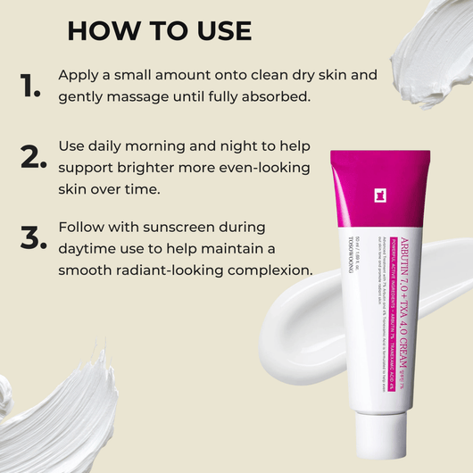 Application instructions for Olivine Beauty brightening cream with product packaging display.