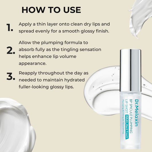 Step by step instructions for applying Dr.Melaxin BP Spicule Plumping Lip Shot.