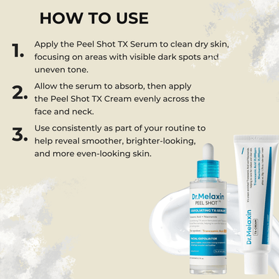 Step by step instructions for applying Dr Melaxin Peel Shot TX Serum and TX Cream