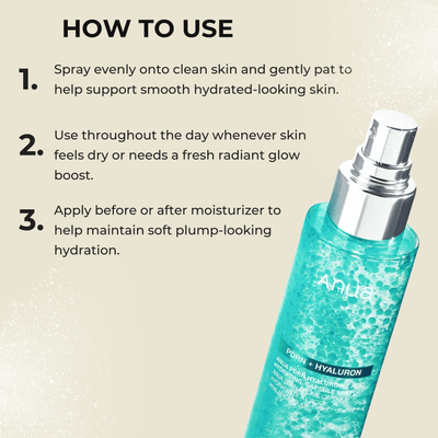 How to use skincare facial mist instructions beside Anua PDRN + Hyaluron bottle with soft mist effect.