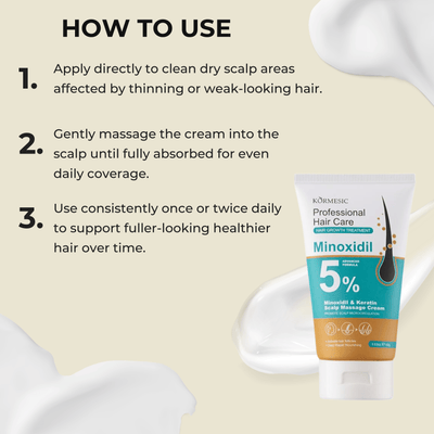Step by step instructions for applying Minoxidil 5% scalp massage cream for daily hair care support.