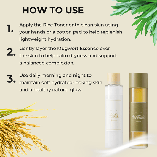 Step-by-step guide showing how to apply rice toner and mugwort essence skincare duo