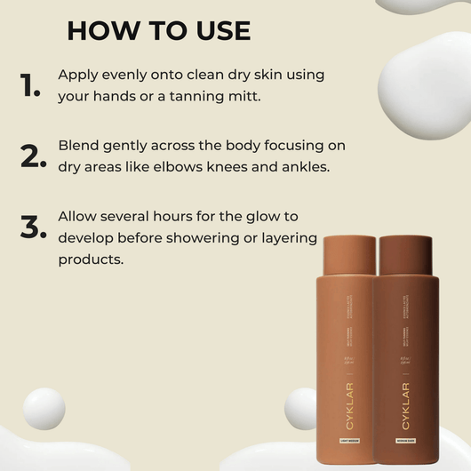 How to use CYKLAR Self Tanning Milky Essence with application instructions and Light Medium and Medium Dark bottles