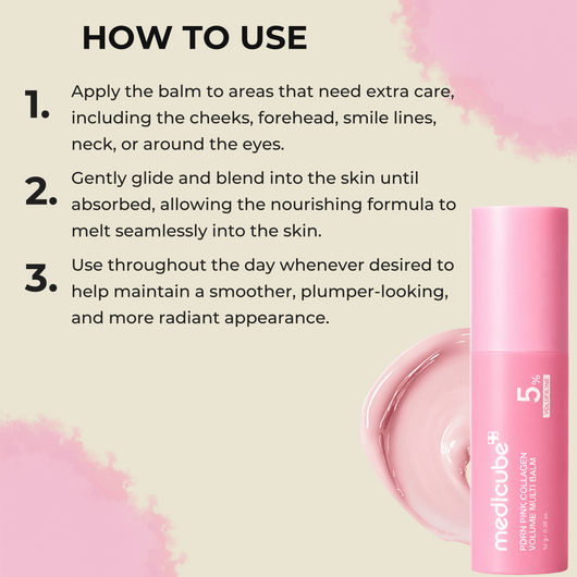 Three-step guide showing how to apply the PDRN Pink Collagen Volume Multi Balm.