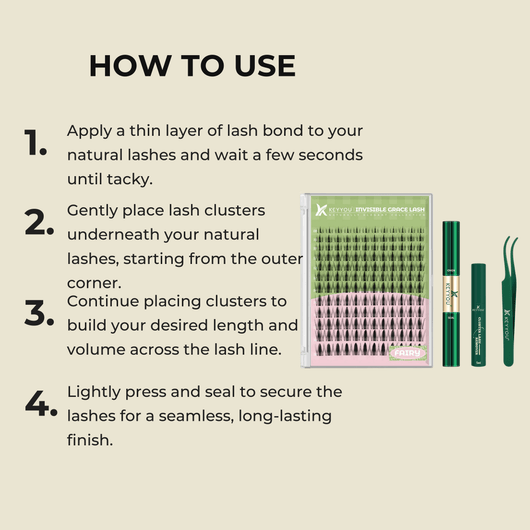 Step by step guide showing how to apply lash clusters underneath natural lashes