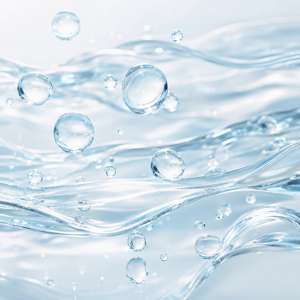 Crystal-clear hyaluronic acid hydration waves with glossy moisture droplets and radiant glow