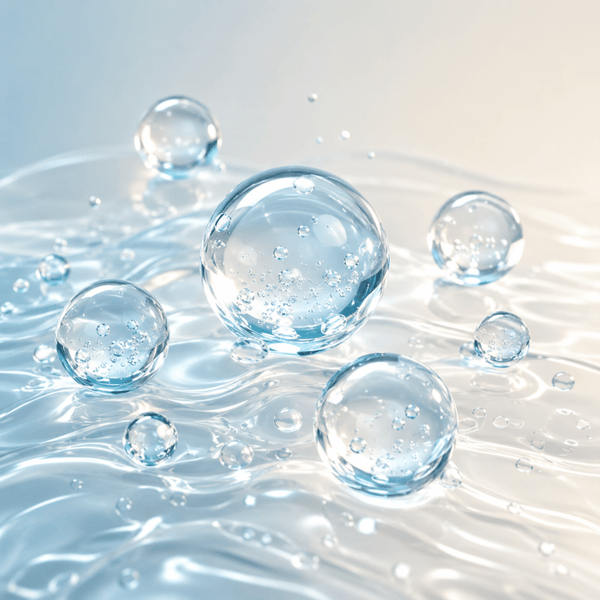 Crystal-clear glossy water droplets representing hyaluronic acid hydration and moisture retention by Olivine Beauty.