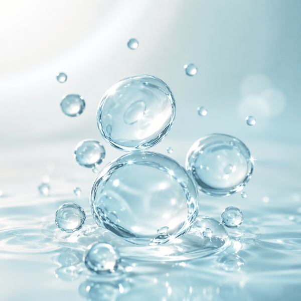 Crystal-clear glossy water droplets representing deep hydration and plump radiant-looking skin.