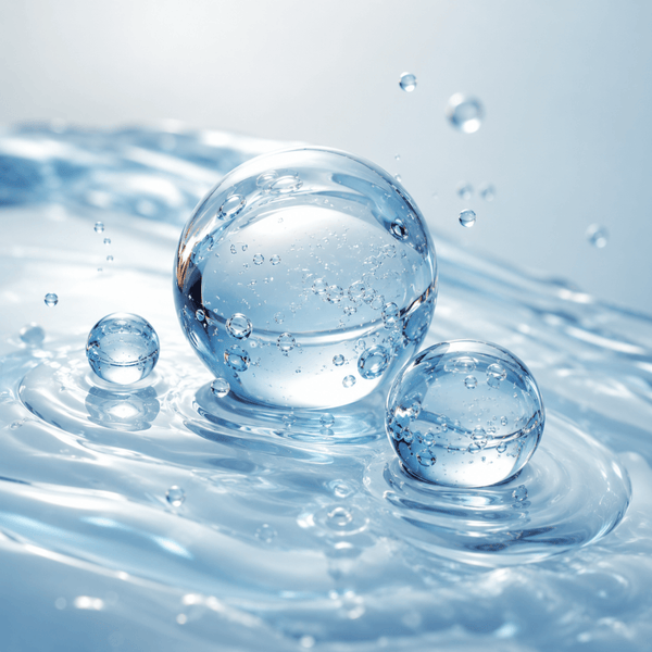 Crystal-clear water droplets representing deep hyaluronic acid hydration by Olivine Beauty