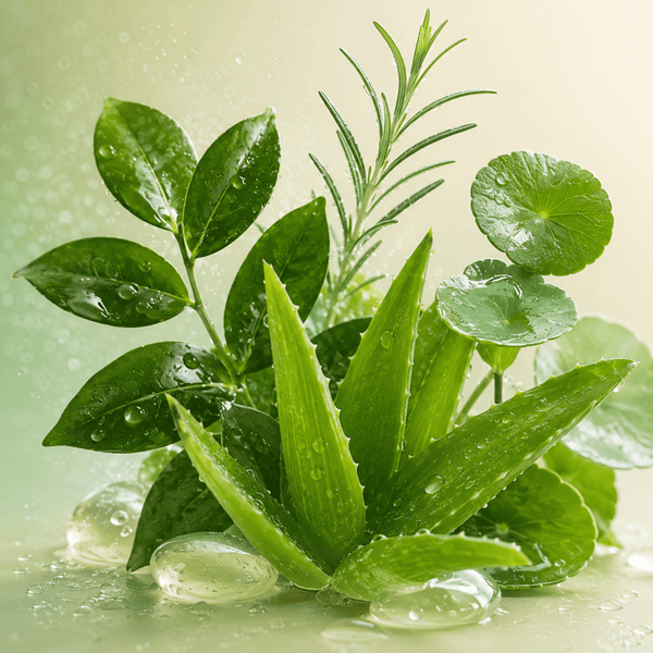 Hydrating botanical leaves with dewy droplets representing fresh radiant-looking skin by Olivine Beauty
