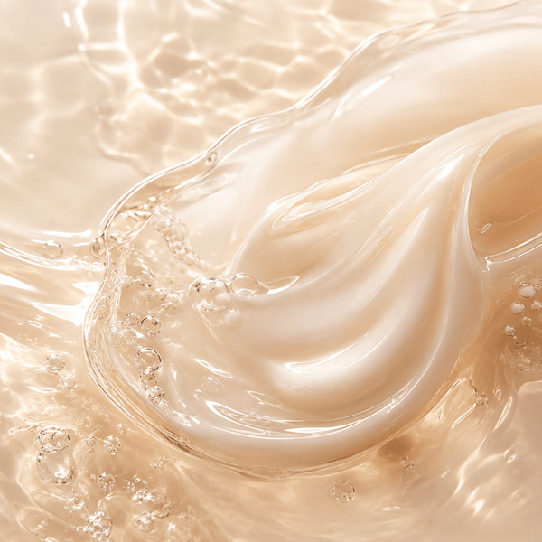 Olivine Beauty glossy water-infused skincare texture with translucent hydration layers and soft ripples.