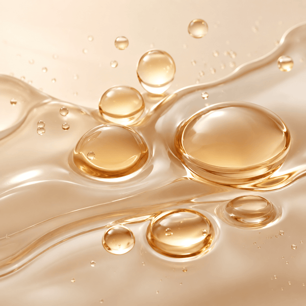 Silky nourishing oil droplets flowing through glossy liquid textures representing soft hydrated glossy lips.