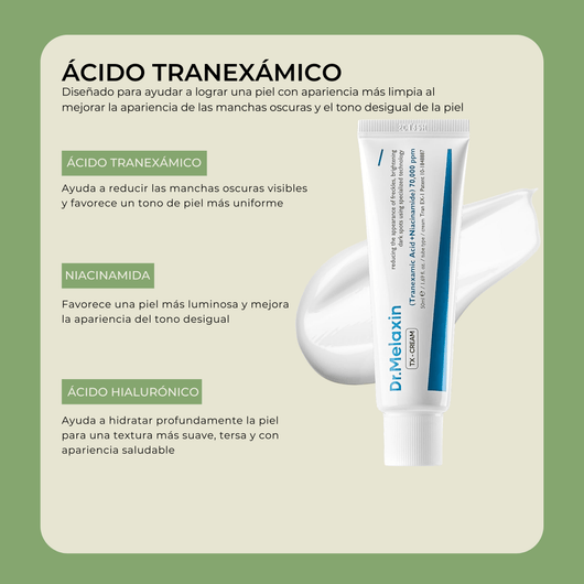 Ingredientes principales de la crema Olivine Beauty incluyendo ácido tranexámico, niacinamida y ácido hialurónico.
