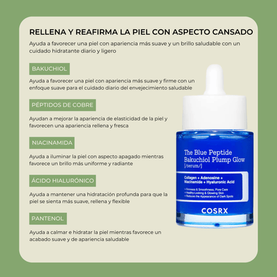 Sección de ingredientes y beneficios de COSRX Blue Peptide Bakuchiol Plump Glow Serum