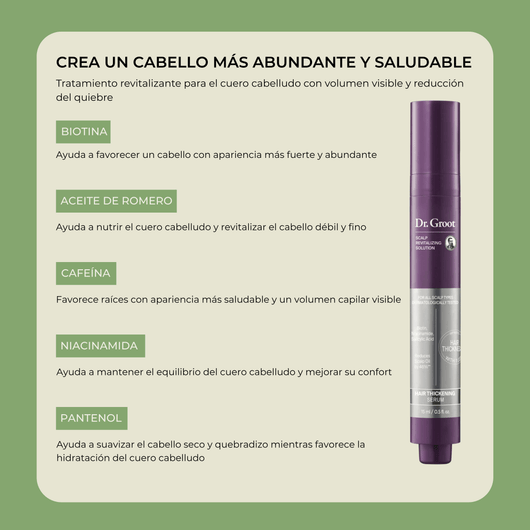 Olivine Beauty ingredientes clave del sérum Dr. Groot con biotina romero cafeína niacinamida y pantenol