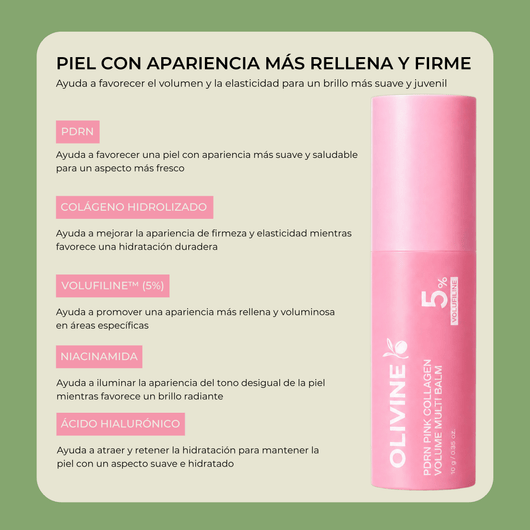 Bálsamo de Colágeno Rosa con PDRN que contiene PDRN, Colágeno Hidrolizado, Volufiline, Niacinamida y Ácido Hialurónico.
