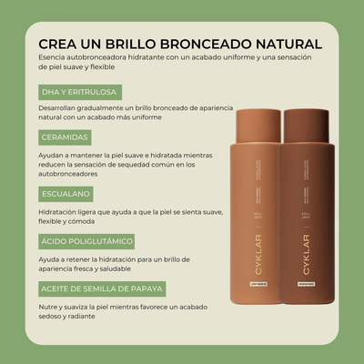 Diseño de ingredientes clave CYKLAR Self Tanning Milky Essence con DHA ceramidas escualano y beneficios hidratantes