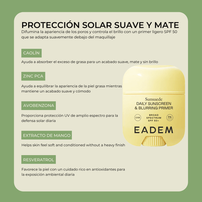 Ingredientes clave de EADEM Sunsuede incluyendo Caolín Zinc PCA y Extracto de Mango