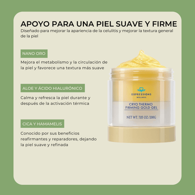 Ingredientes clave del Olivine Beauty Cryo Thermo Firming Gold Gel con aloe ácido hialurónico y cica