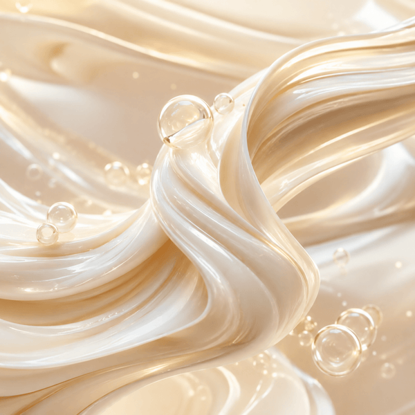 Silky cream ribbons and glossy flowing textures representing stronger healthier-looking hair and smooth shine support.