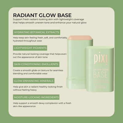 Key ingredients and benefits section for Pixi On-the-Glow BASE with hydration and glow-focused claims