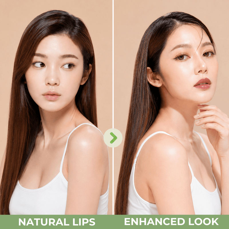 Olivine Beauty before and after lip transformation showing natural lips and a polished glossy finish.