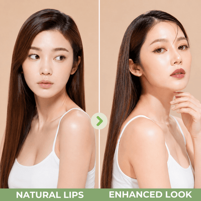Olivine Beauty before and after lip transformation showing natural lips and a polished glossy finish.