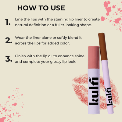 Olivine Beauty step-by-step guide showing how to apply lip liner and lip oil for a defined glossy lip look.