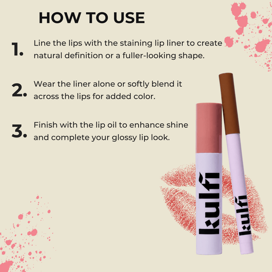 Olivine Beauty step-by-step guide showing how to apply lip liner and lip oil for a defined glossy lip look.