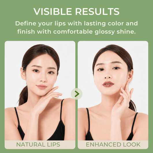 Olivine Beauty lip comparison showing natural lips and enhanced lip look with lasting color and glossy shine.
