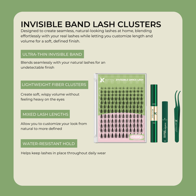 Lash cluster features showing invisible band, lightweight fibers and mixed lengths