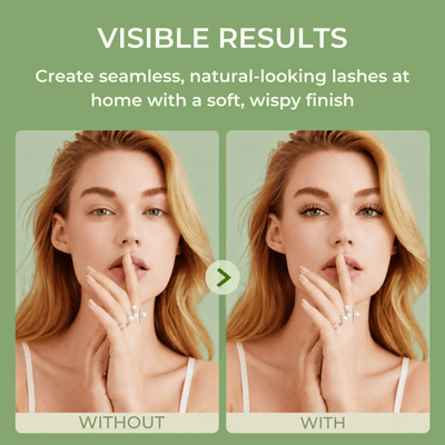 Before and after showing natural lashes versus seamless wispy lash clusters