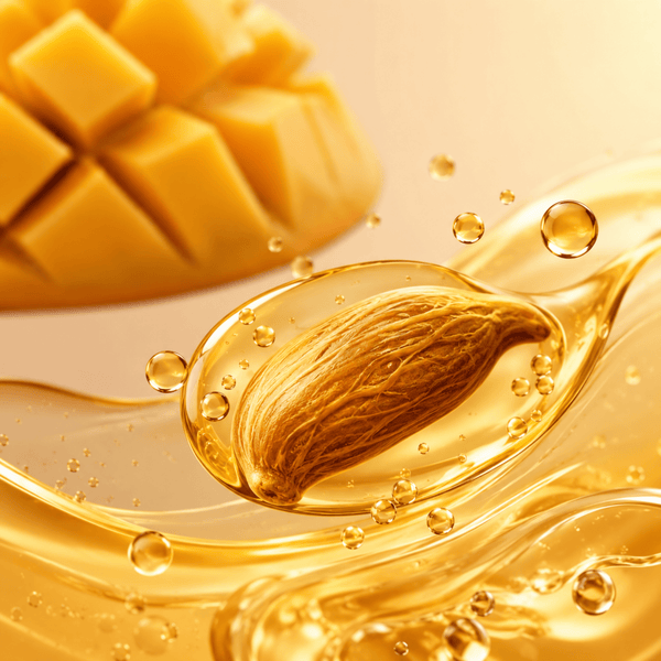 Olivine Beauty mango seed oil visualization representing soft hydrated lips and nourishing moisture support.