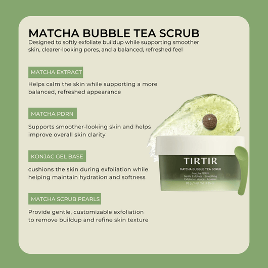 Matcha scrub ingredients including matcha extract, PDRN, konjac gel, and pearls