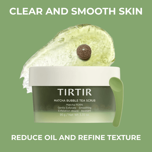 Matcha bubble tea scrub product helping smooth skin and refine texture