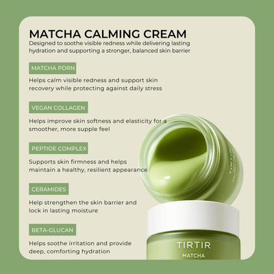 Olivine Beauty matcha calming cream key ingredients including matcha PDRN collagen peptides ceramides