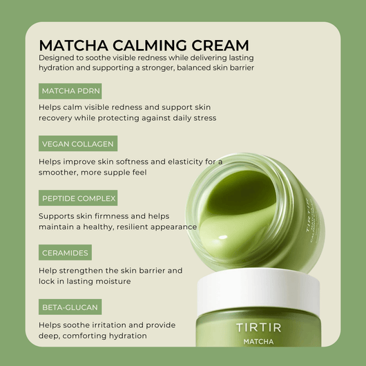 Olivine Beauty matcha calming cream key ingredients including matcha PDRN collagen peptides ceramides