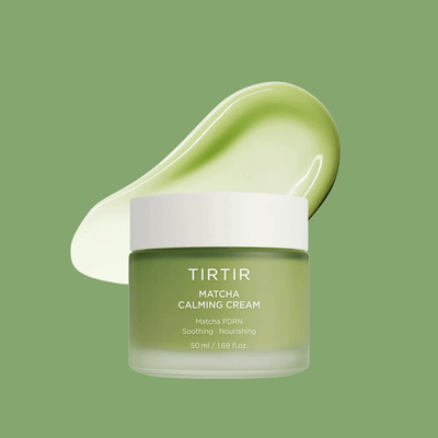 Olivine Beauty matcha calming cream jar with smooth green cream texture