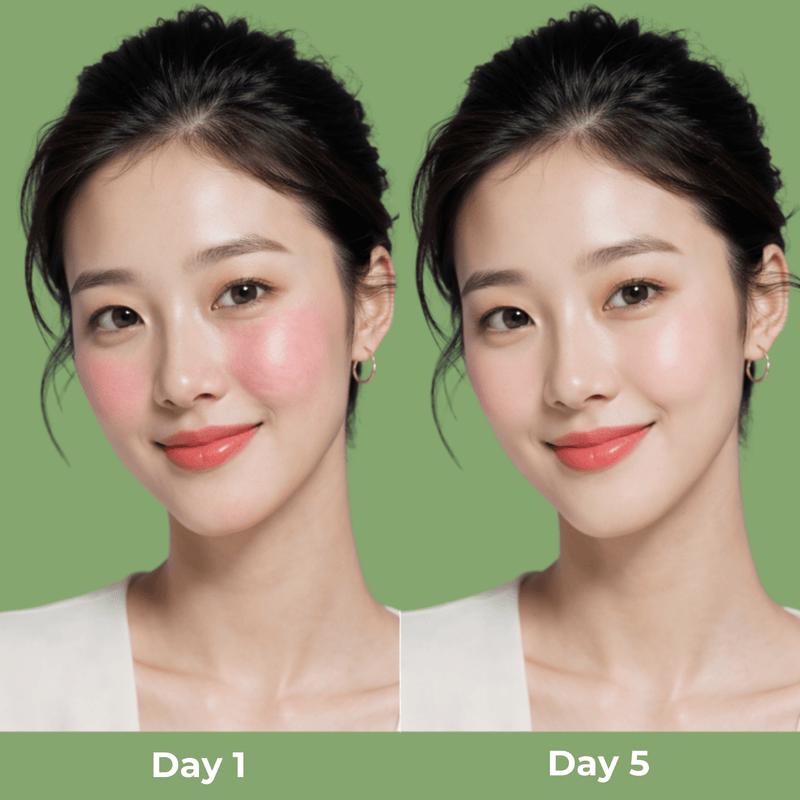 Before and after using Olivine Beauty Matcha Pack Cleanser showing calmer and more even skin