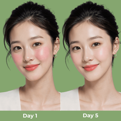 Before and after using Olivine Beauty Matcha Pack Cleanser showing calmer and more even skin