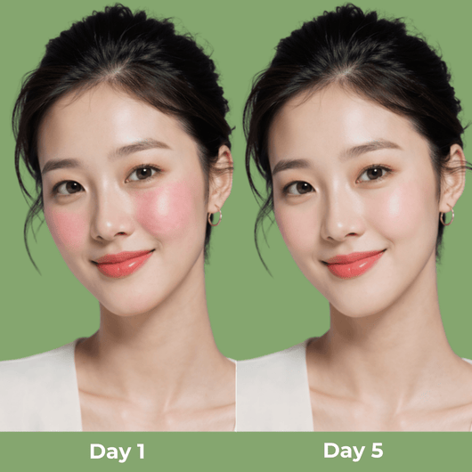 Before and after using Olivine Beauty Matcha Pack Cleanser showing calmer and more even skin