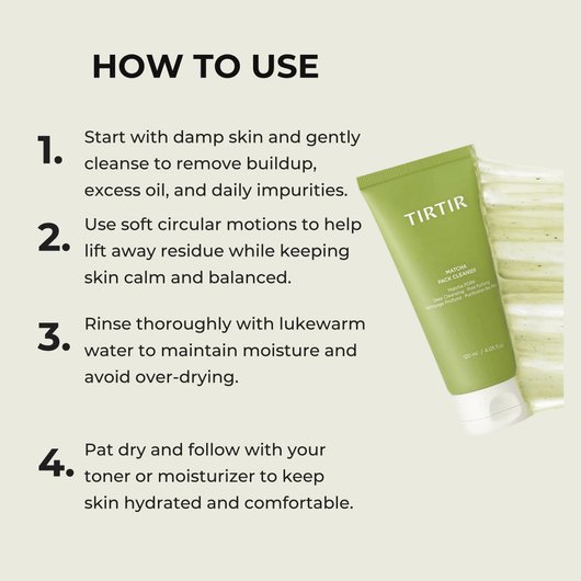 Olivine Beauty Matcha Pack Cleanser how to use for gentle cleansing and skin balance
