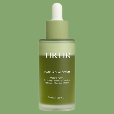 Olivine Beauty matcha dual serum bottle close up with green gradient formula