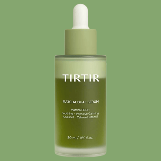 Olivine Beauty matcha dual serum bottle close up with green gradient formula