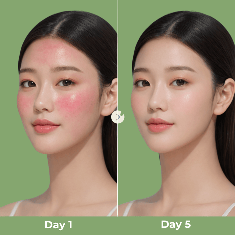 Olivine Beauty serum results day 1 vs day 5 showing reduced redness and smoother skin