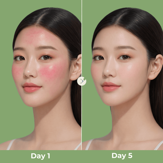 Olivine Beauty serum results day 1 vs day 5 showing reduced redness and smoother skin