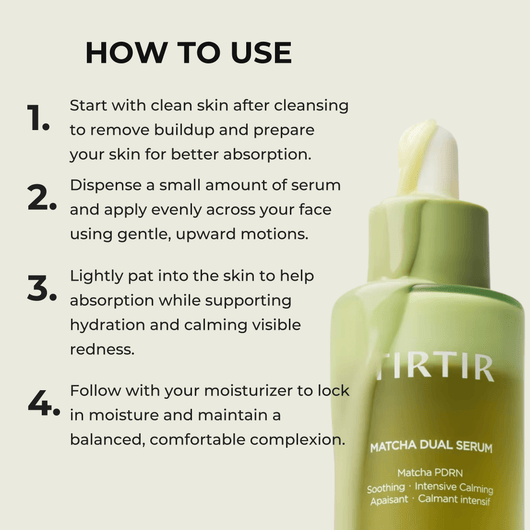 Olivine Beauty matcha dual serum how to use steps for hydration and calming skincare routine